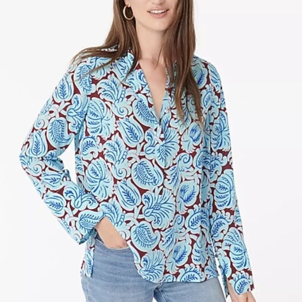 J.Crew Women's Printed Blue Silk Long Sleeves Tunic Top Side Slit Sz Small